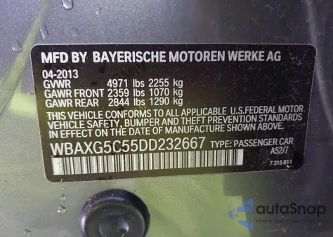 2013 BMW 528I из США, поврежденный, VIN WBAXG5C55DD232667